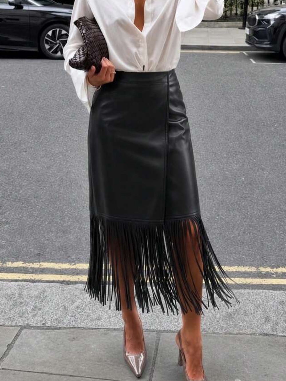 Women's Black Faux Leather Wrap Midi Skirt, High Waist With Tassel